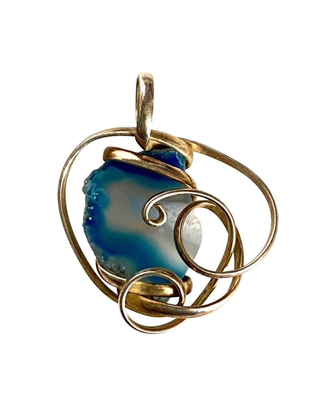 Handcrafted Silver Wire Wrapped Blue Agate Chunky Polished Gemstone Pendant